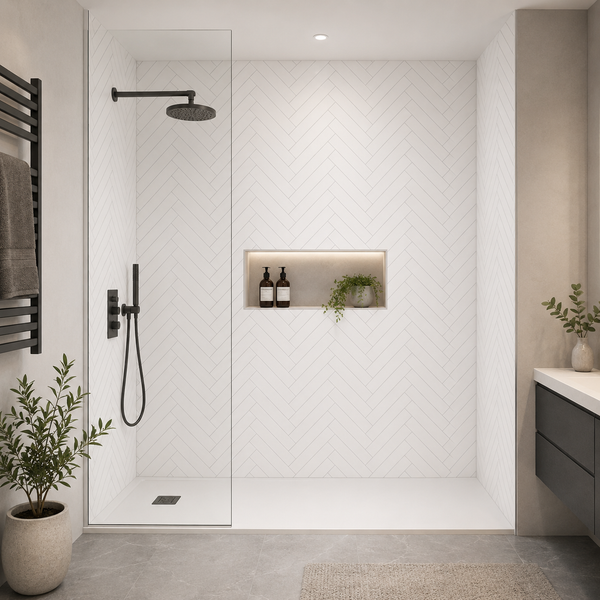 Chevron White Wall Panel | 1000mm x 2.4m x 10mm - installed