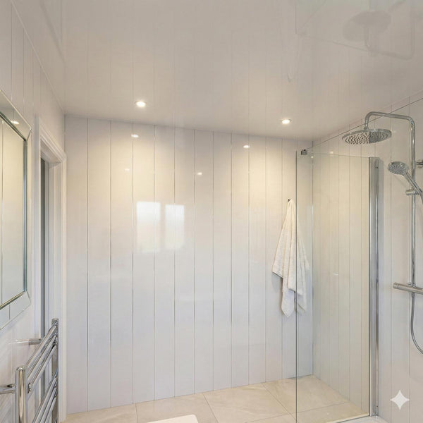 White High Gloss Wall Panel installed in a modern bathroom with walk-in shower - installed