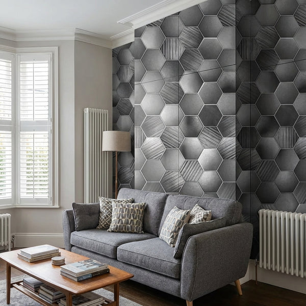 Hexagon Dream Grey Modern Wall Panel | 1000mm x 2.4m x 10mm - installed