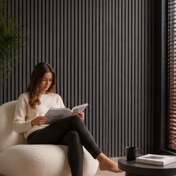 Charcoal acoustic slat wall panelling shown on a feature wall - installed